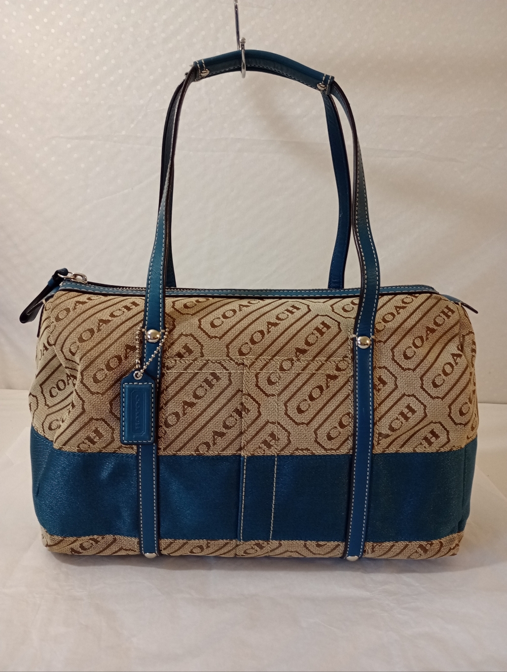 Coach Lozenge Satchel Signature Tan Teal Blue Bag